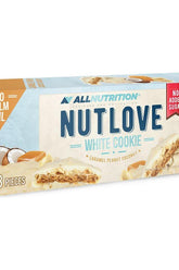 Allnutrition Nutlove White Cookie box featuring coconut and peanut flavors with no added sugar or palm oil.